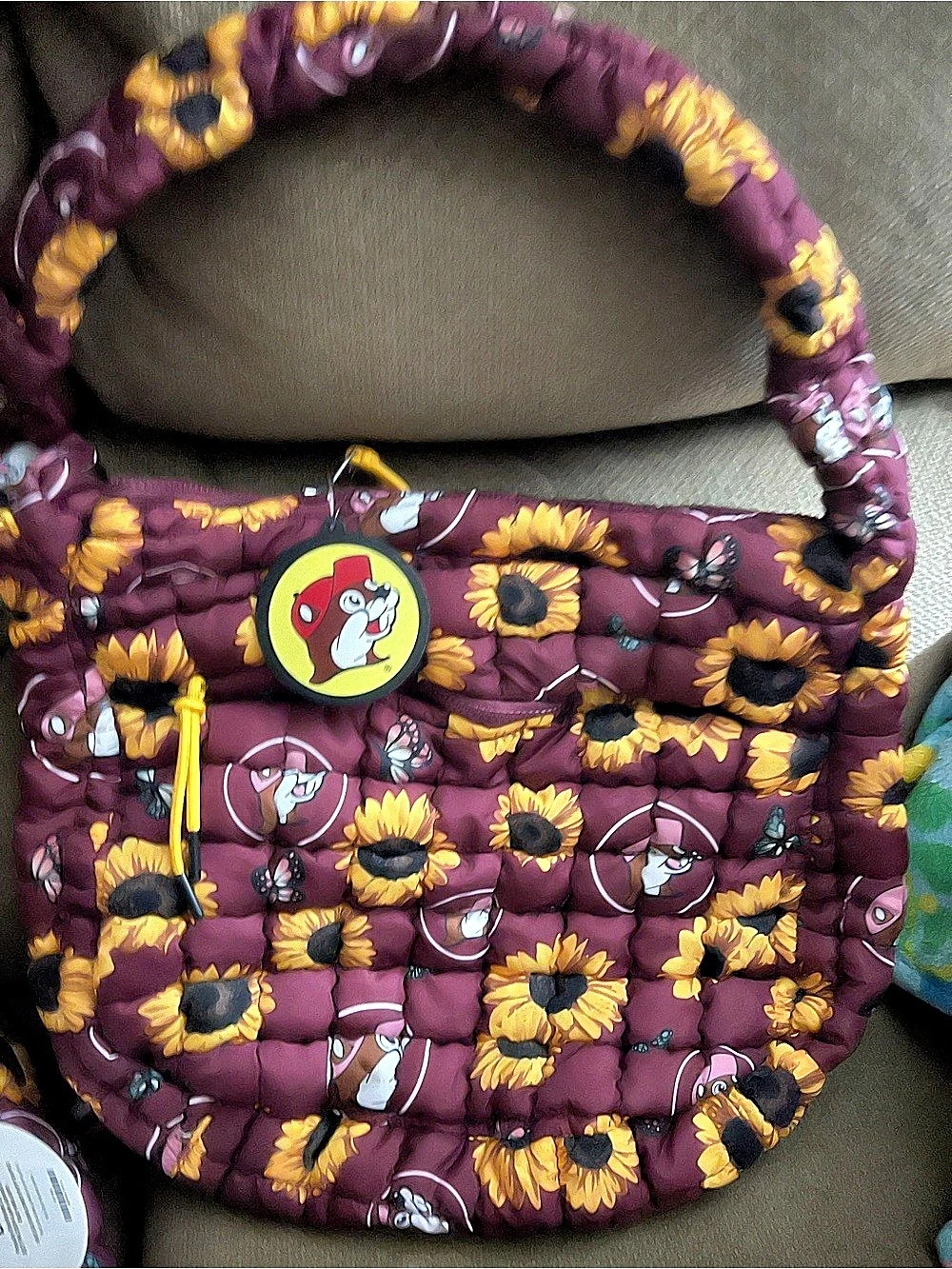 Buc-ee's Sunflower Quilted Tote Bag burgundy & Yellow